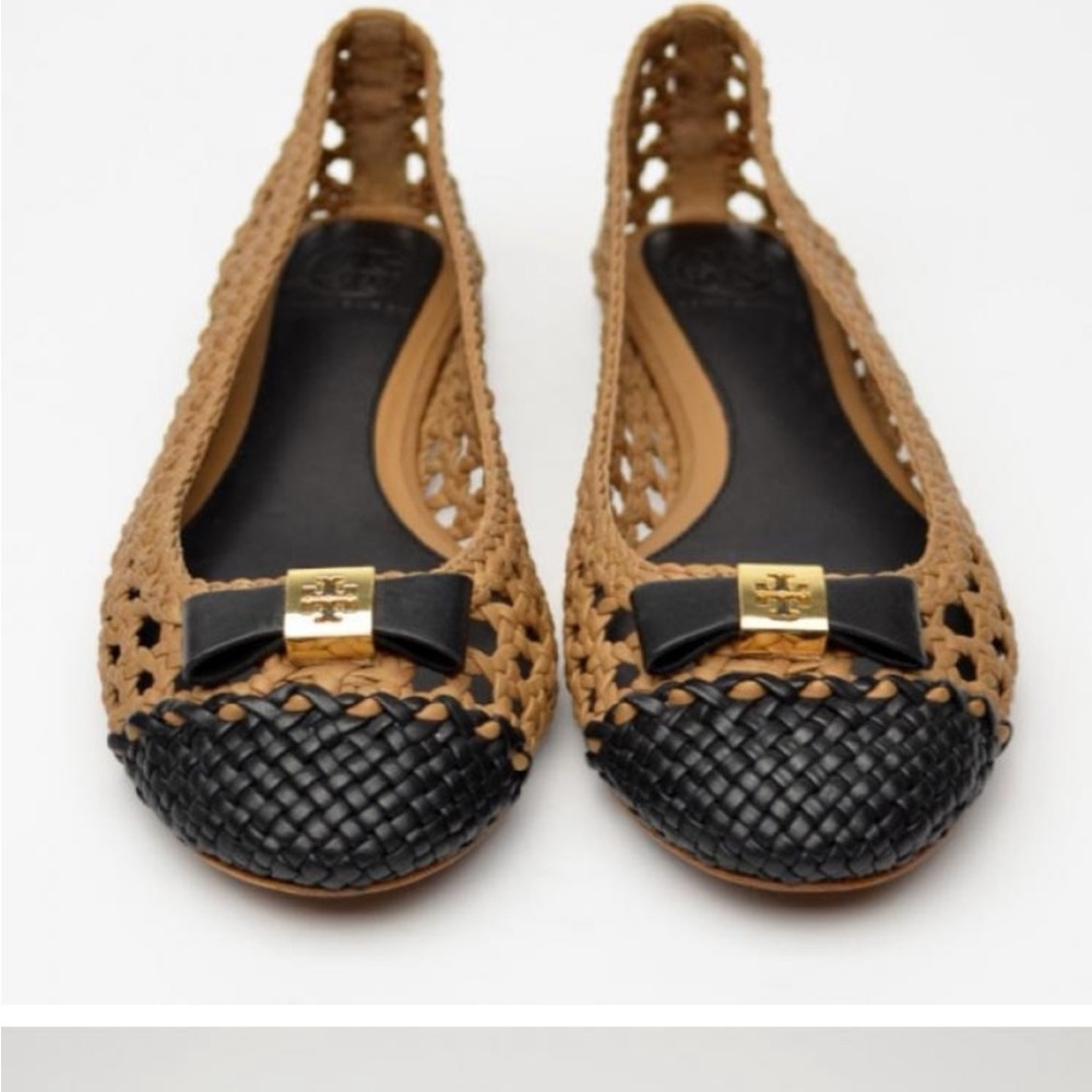 Tory Burch Black and Tan Woven Loafers